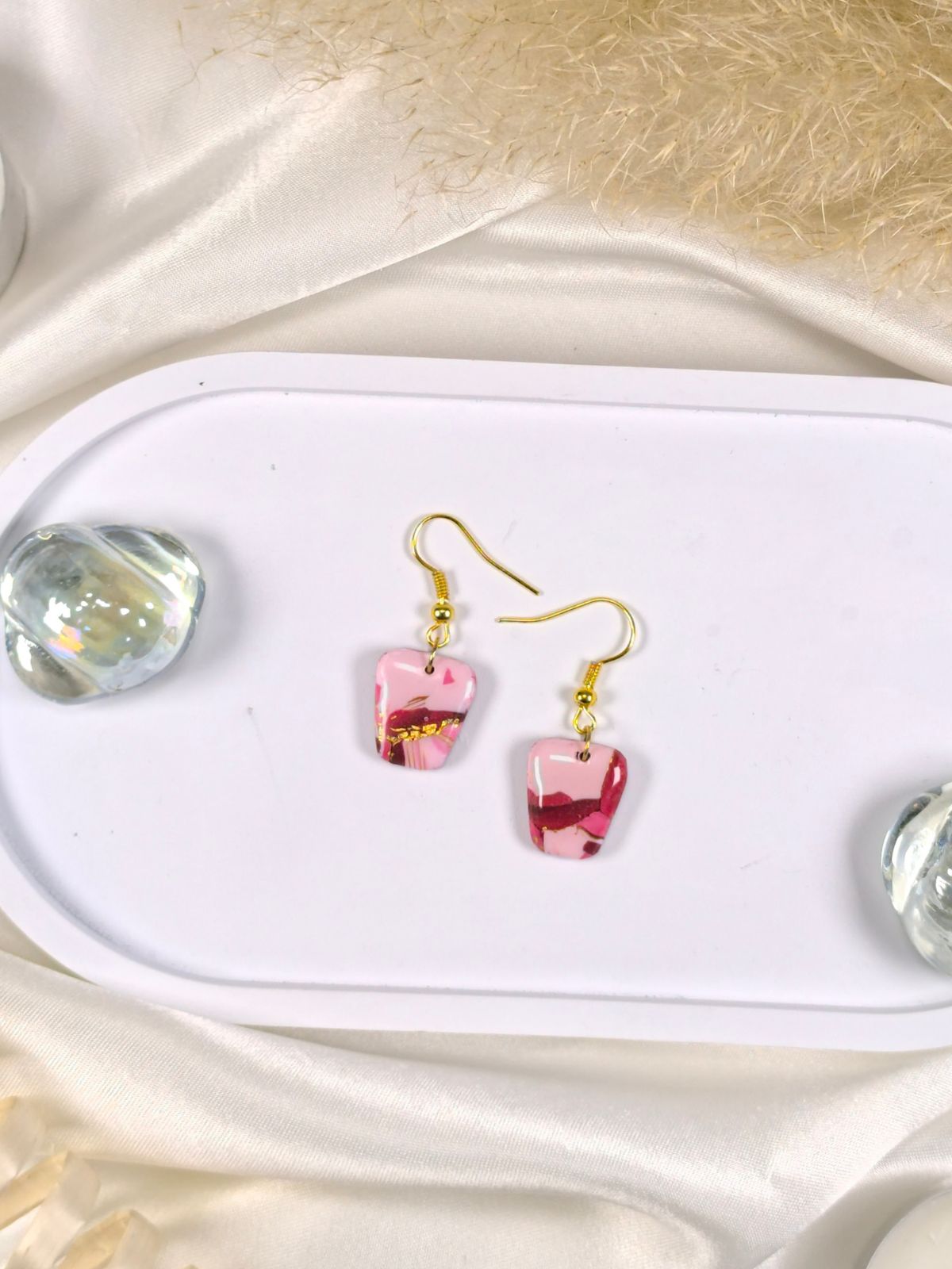 Short red pink and gold polymer clay earrings