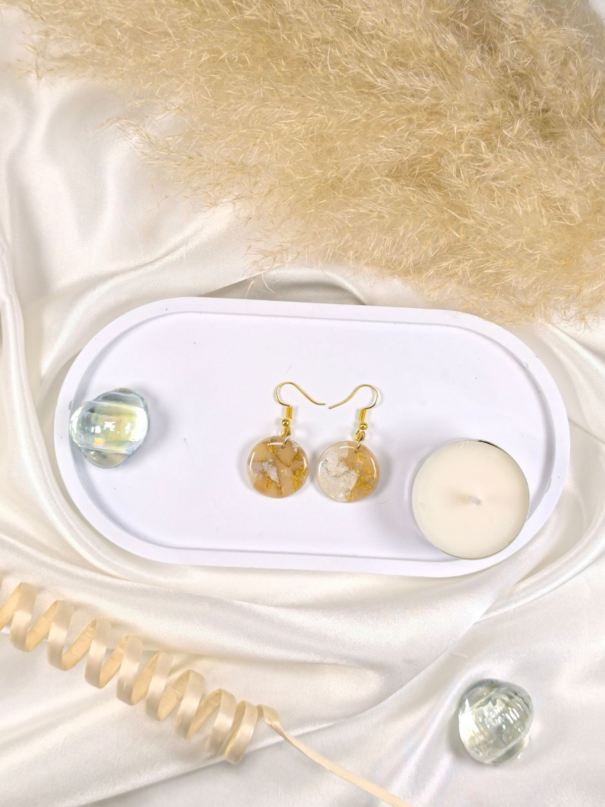Golden and pearl white round polymer clay earrings