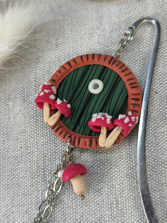 Whimsical Door Bookmark – Handmade Polymer Clay Bookmark with Mushroom Details