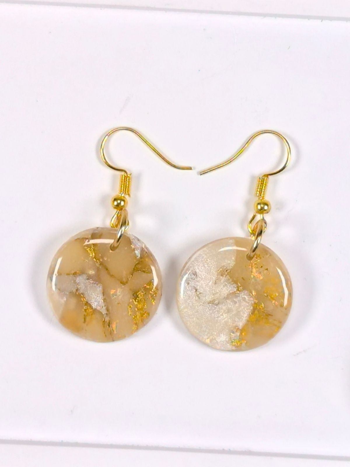 Golden and pearl white round polymer clay earrings