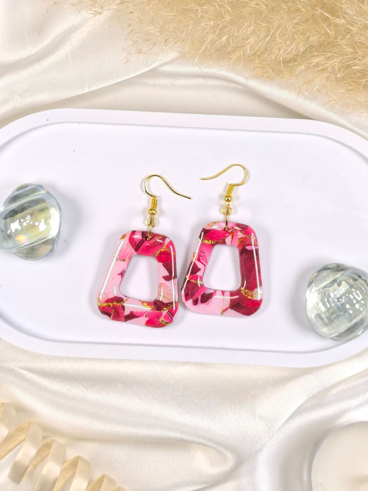 Red and pink large statement earrings