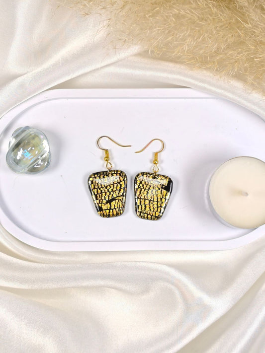 Black and gold polymer clay dangle trapezoidal earrings