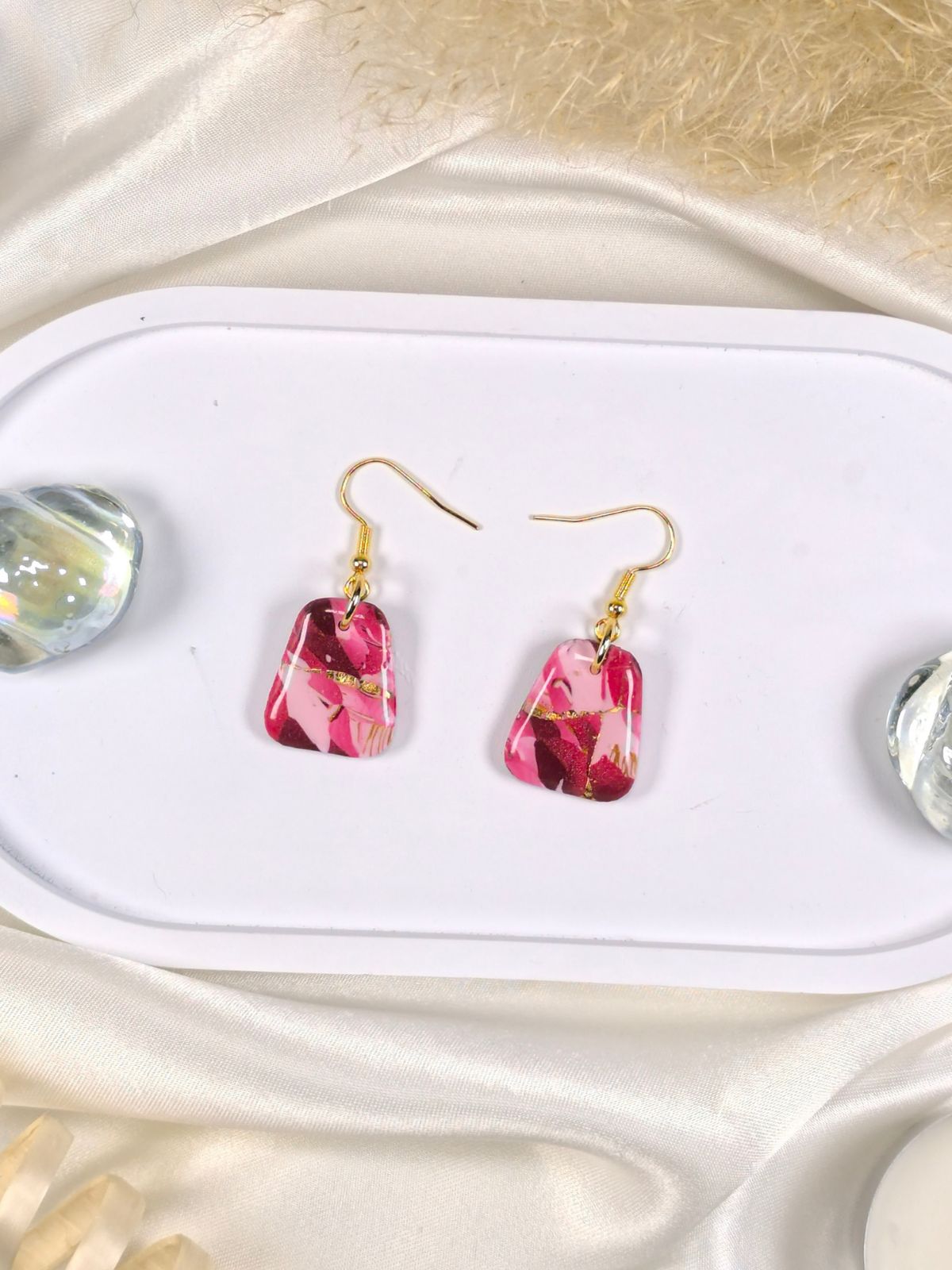Medium red pink and gold polymer clay earrings