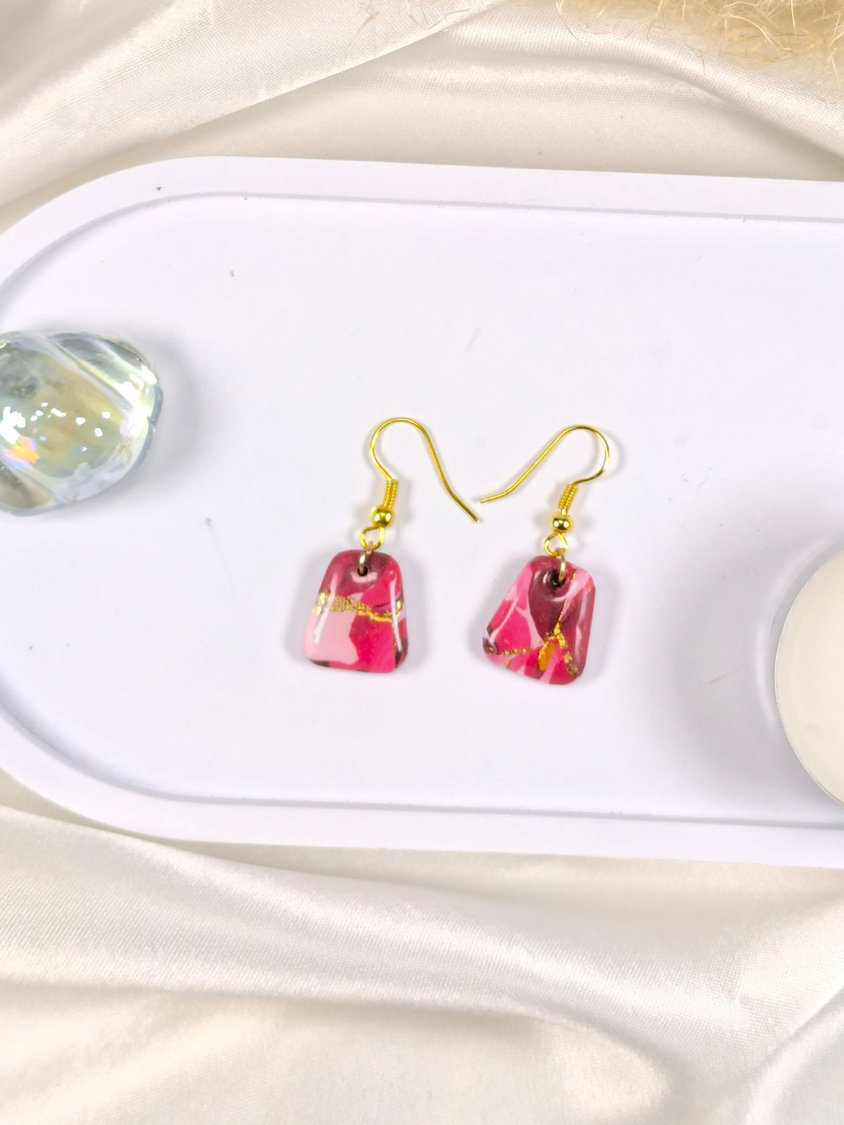 Short red pink and gold polymer clay earrings