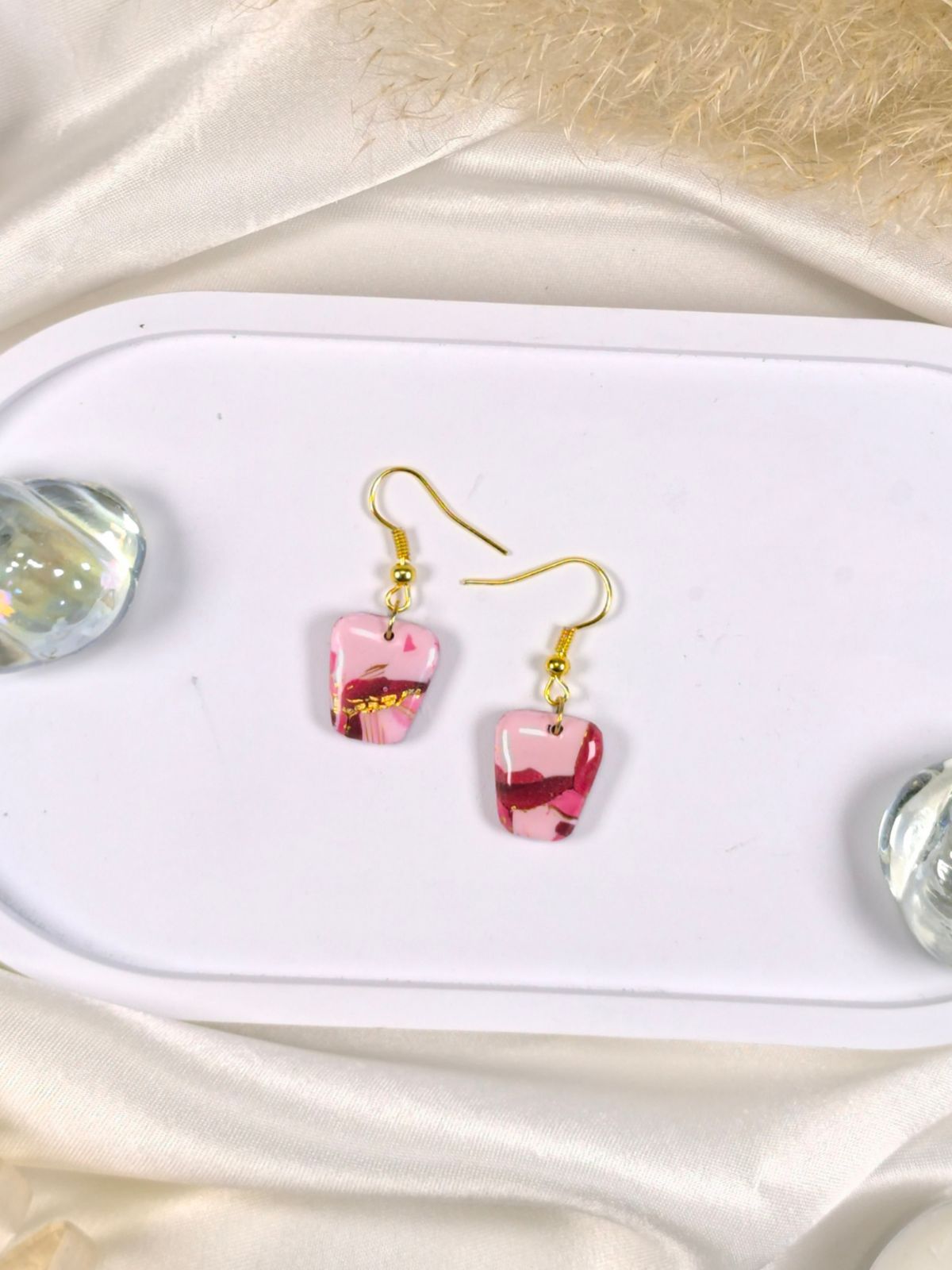 Short red pink and gold polymer clay earrings