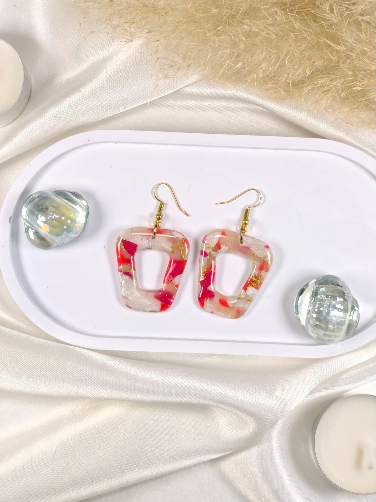 Red marble trapezoidal statement earrings