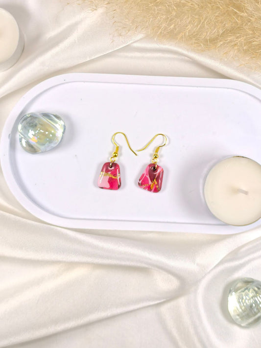 Short red pink and gold polymer clay earrings