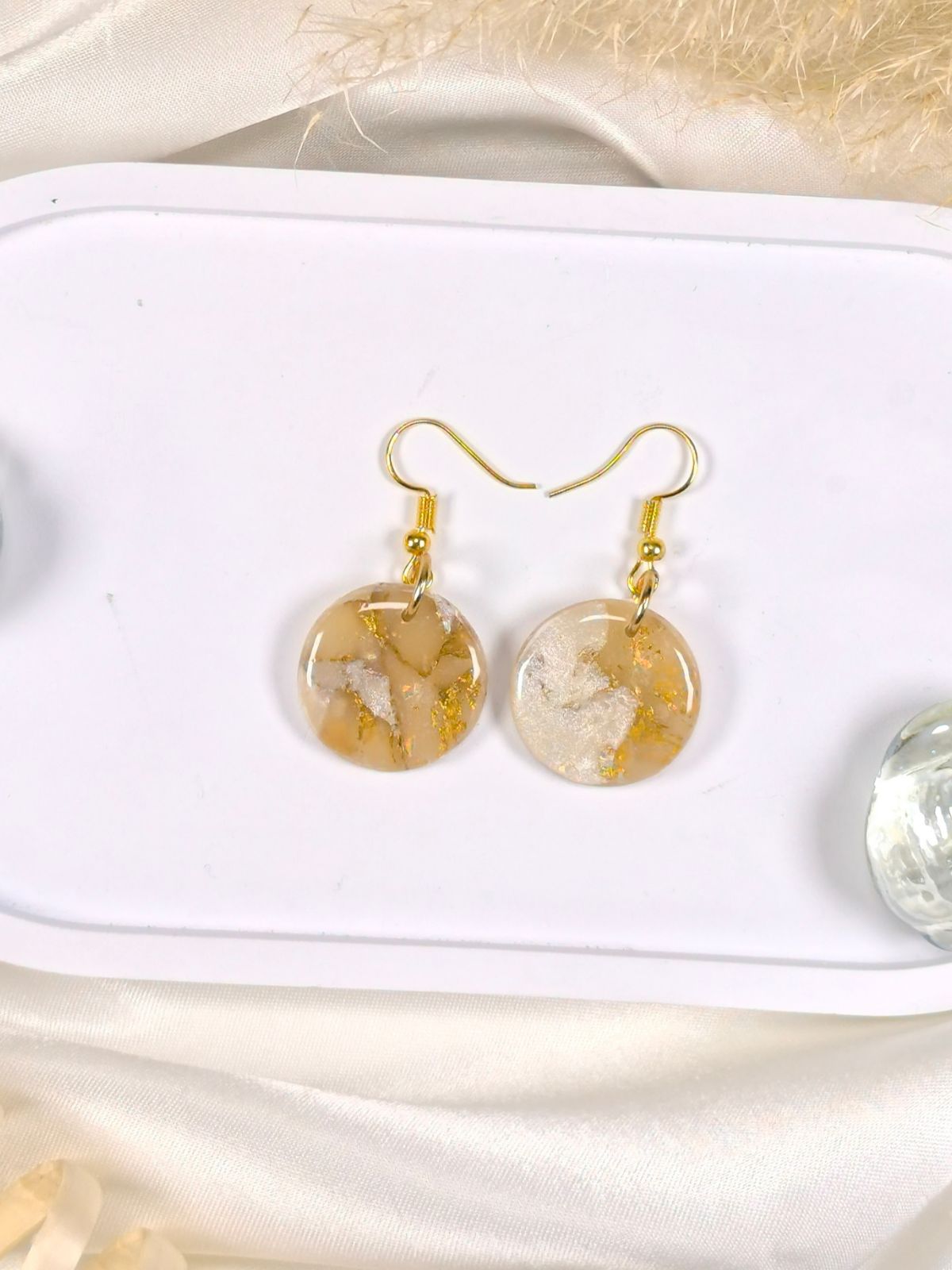 Golden and pearl white round polymer clay earrings