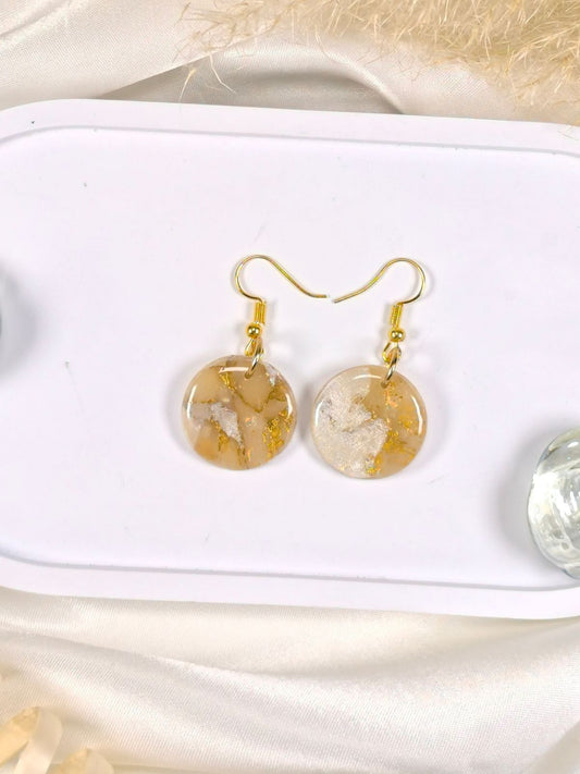 Golden and pearl white round polymer clay earrings