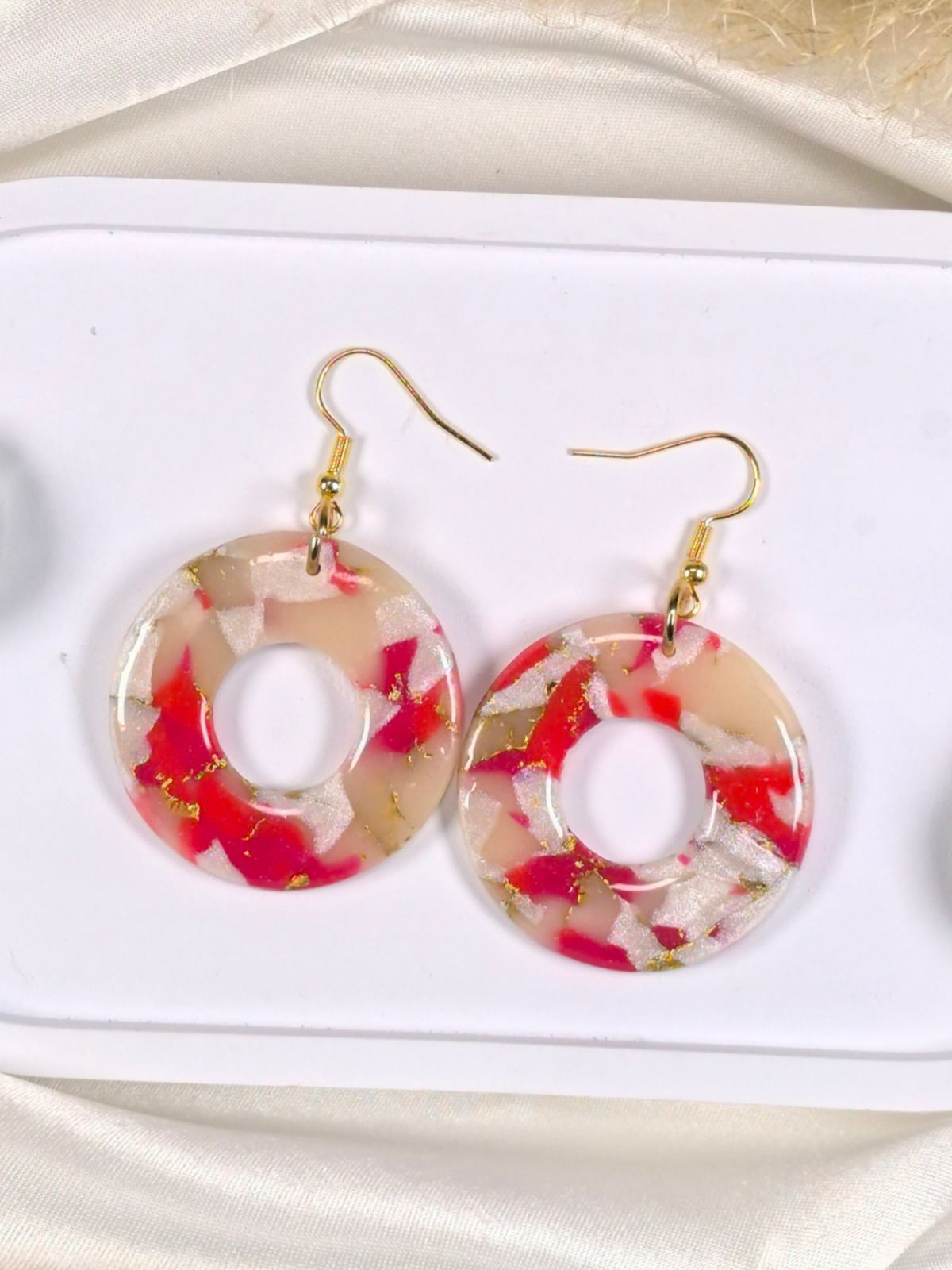 Red marble round statement earrings