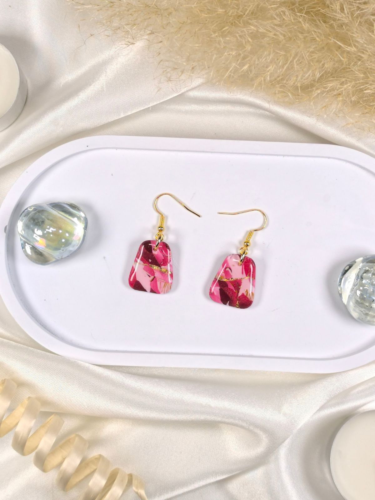 Medium red pink and gold polymer clay earrings