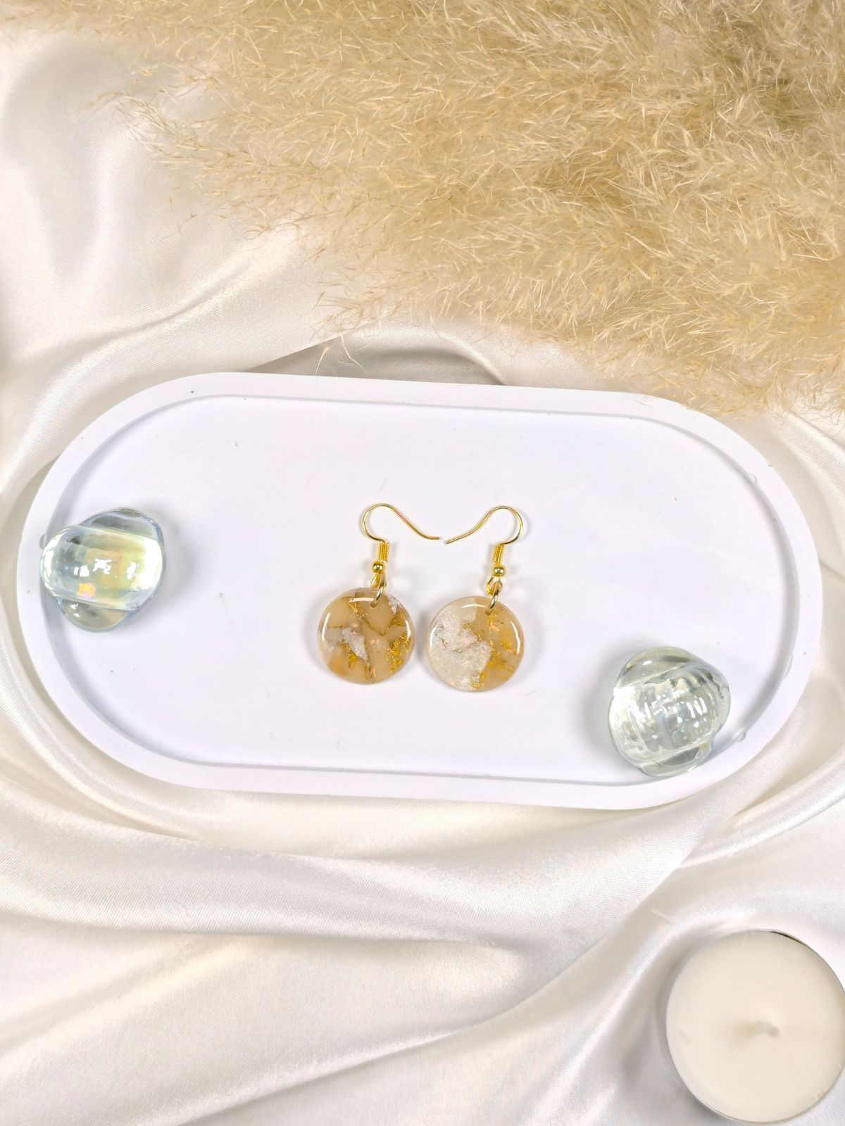 Golden and pearl white round polymer clay earrings