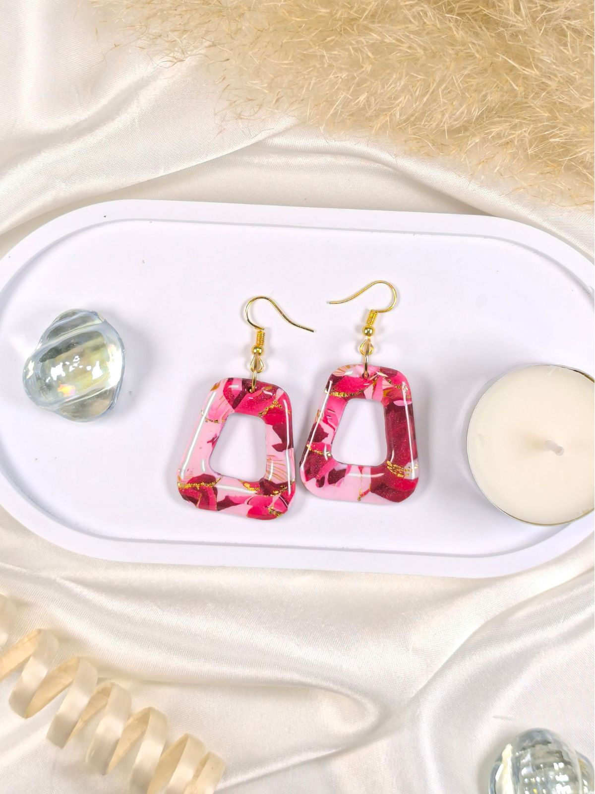 Red and pink large statement earrings