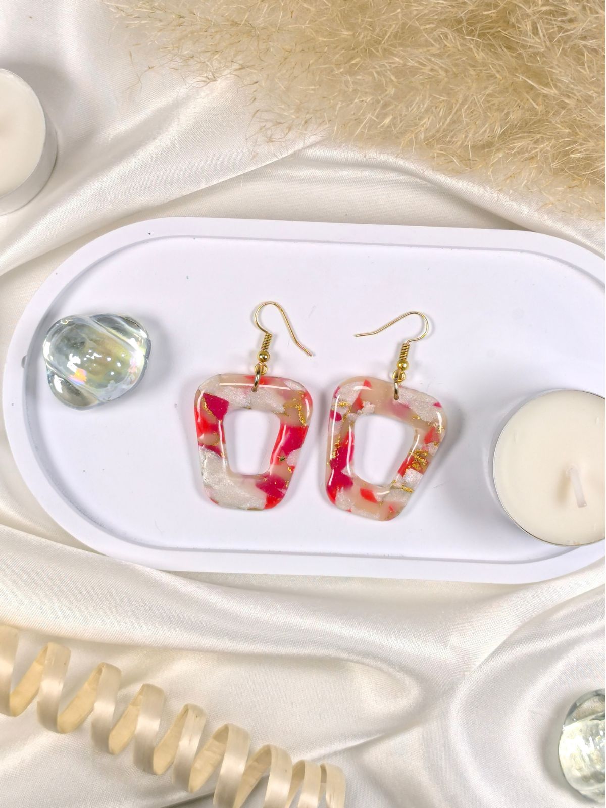 Red marble trapezoidal statement earrings