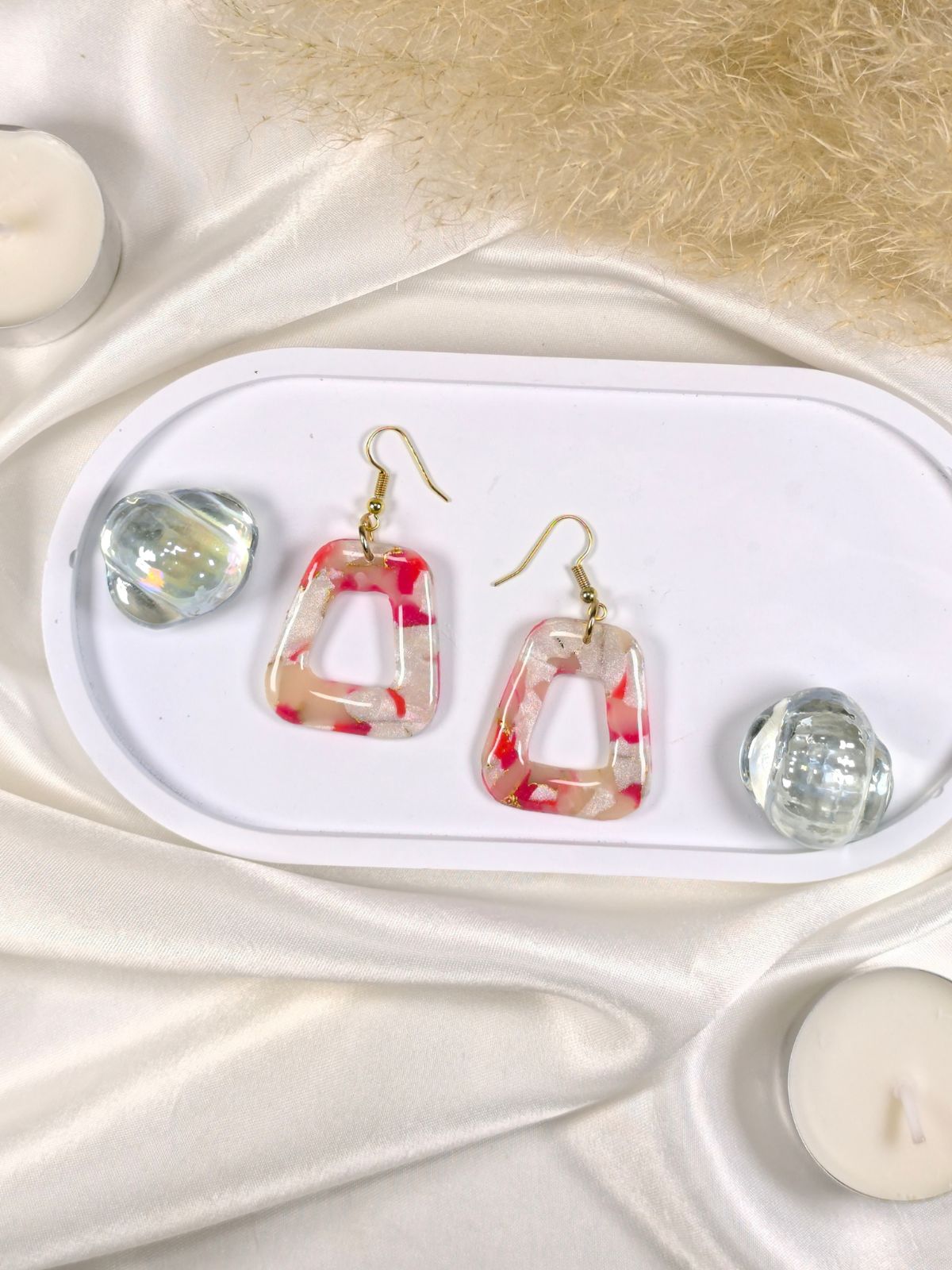 Red marble trapezoidal statement earrings