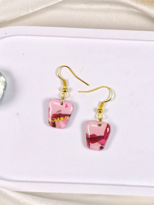 Short red pink and gold polymer clay earrings