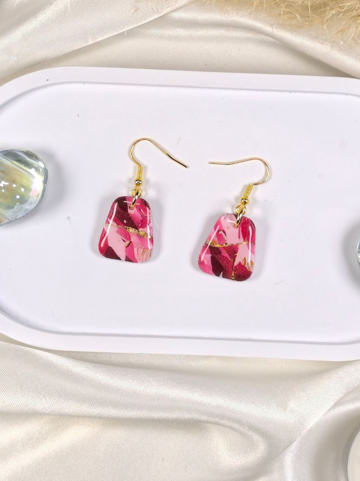 Medium red pink and gold polymer clay earrings