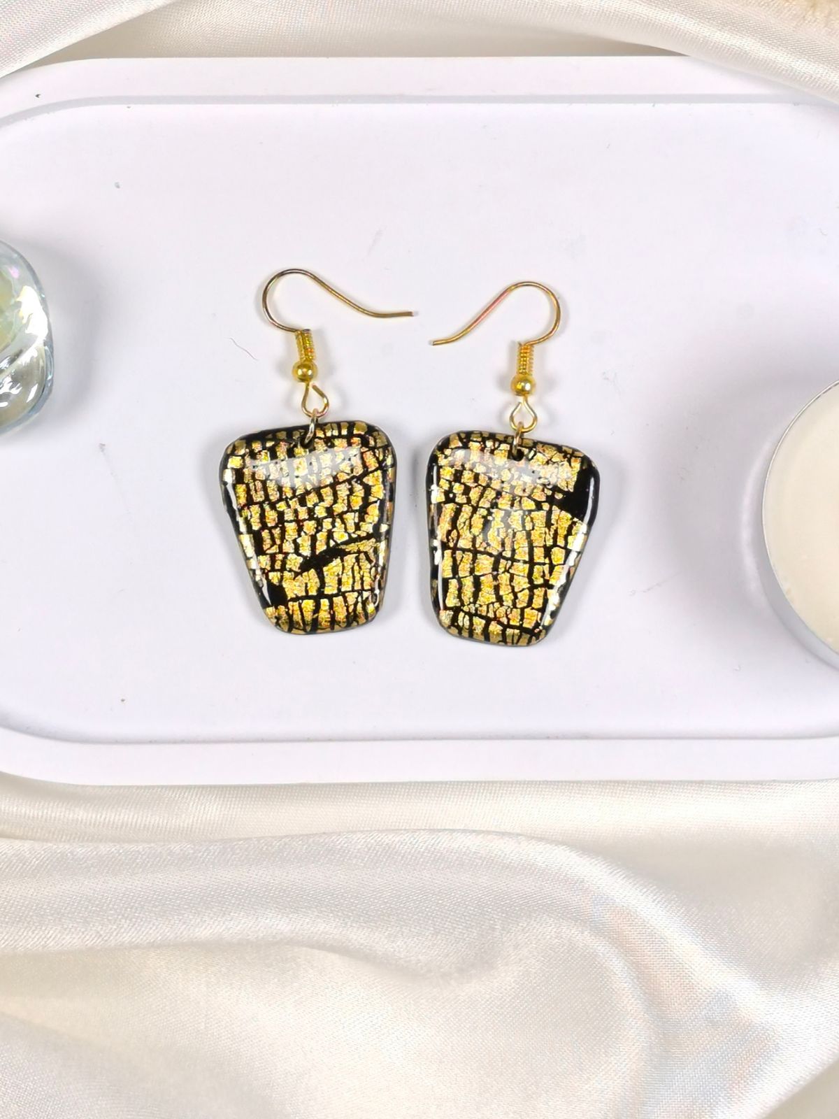 Black and gold polymer clay dangle trapezoidal earrings
