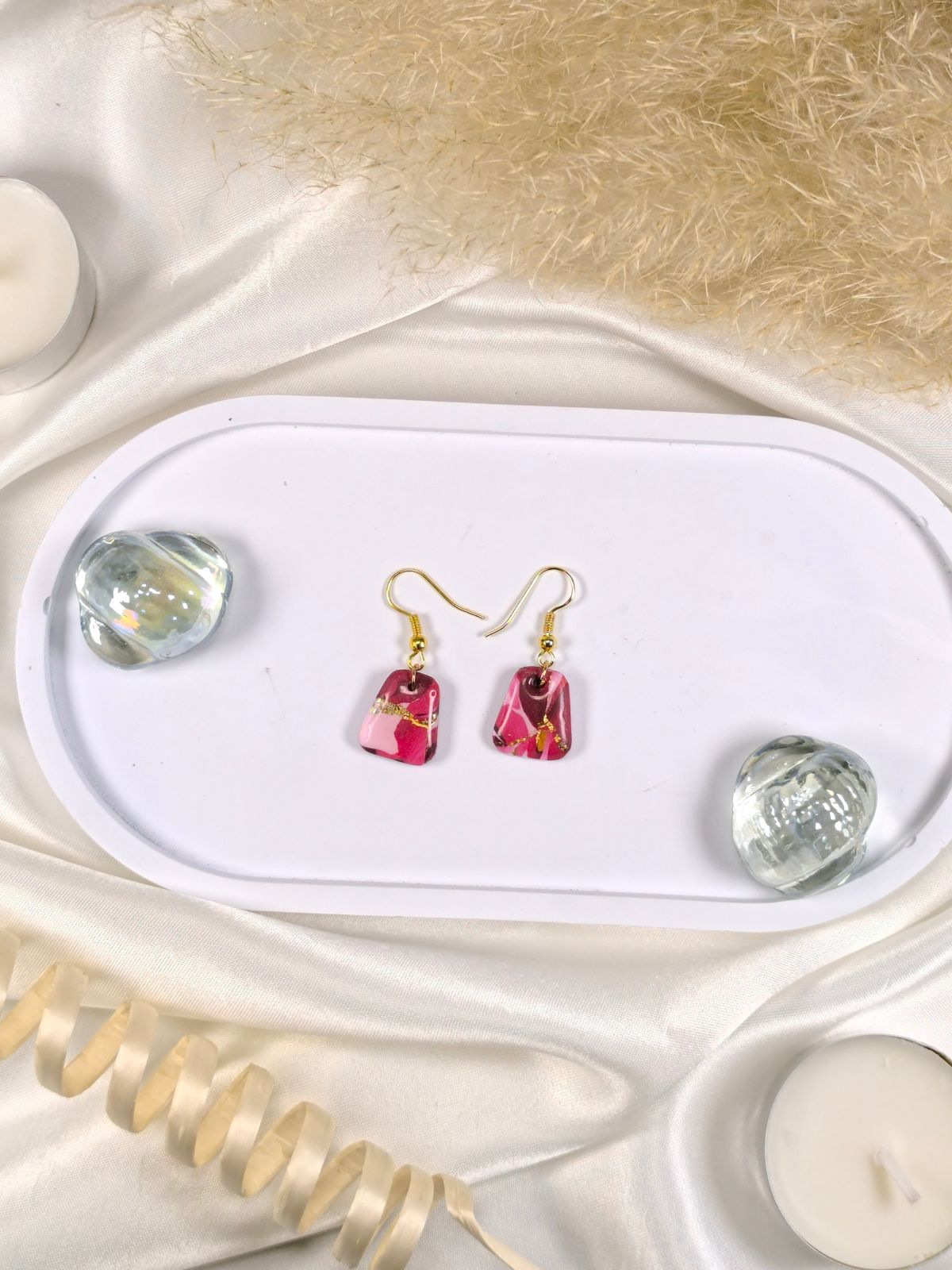 Short red pink and gold polymer clay earrings