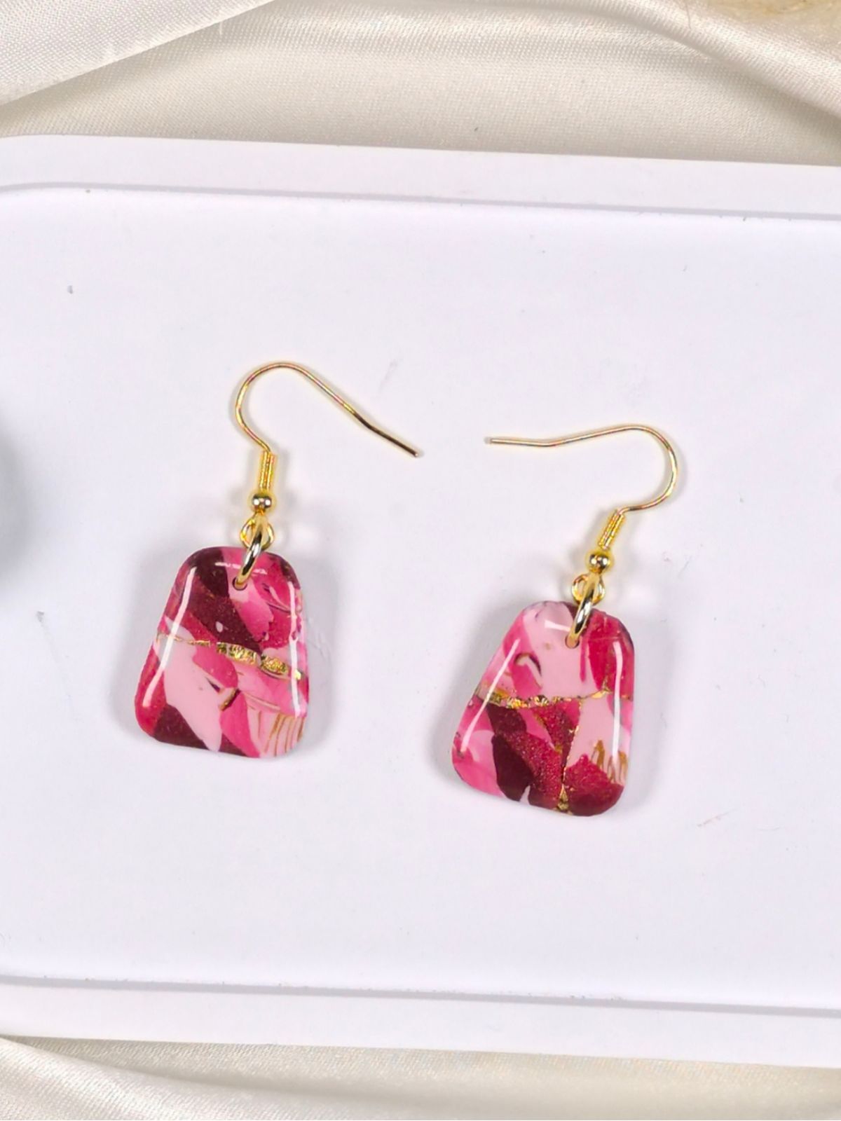Medium red pink and gold polymer clay earrings