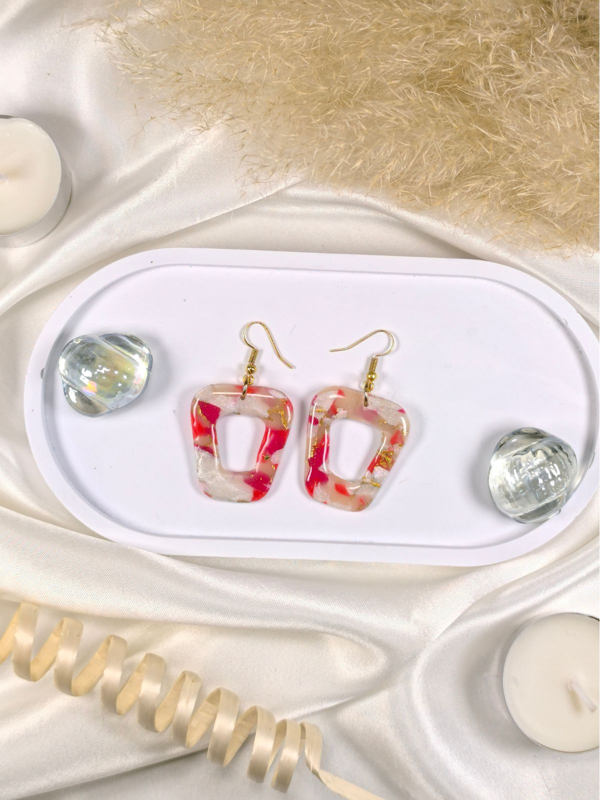 Red marble trapezoidal statement earrings