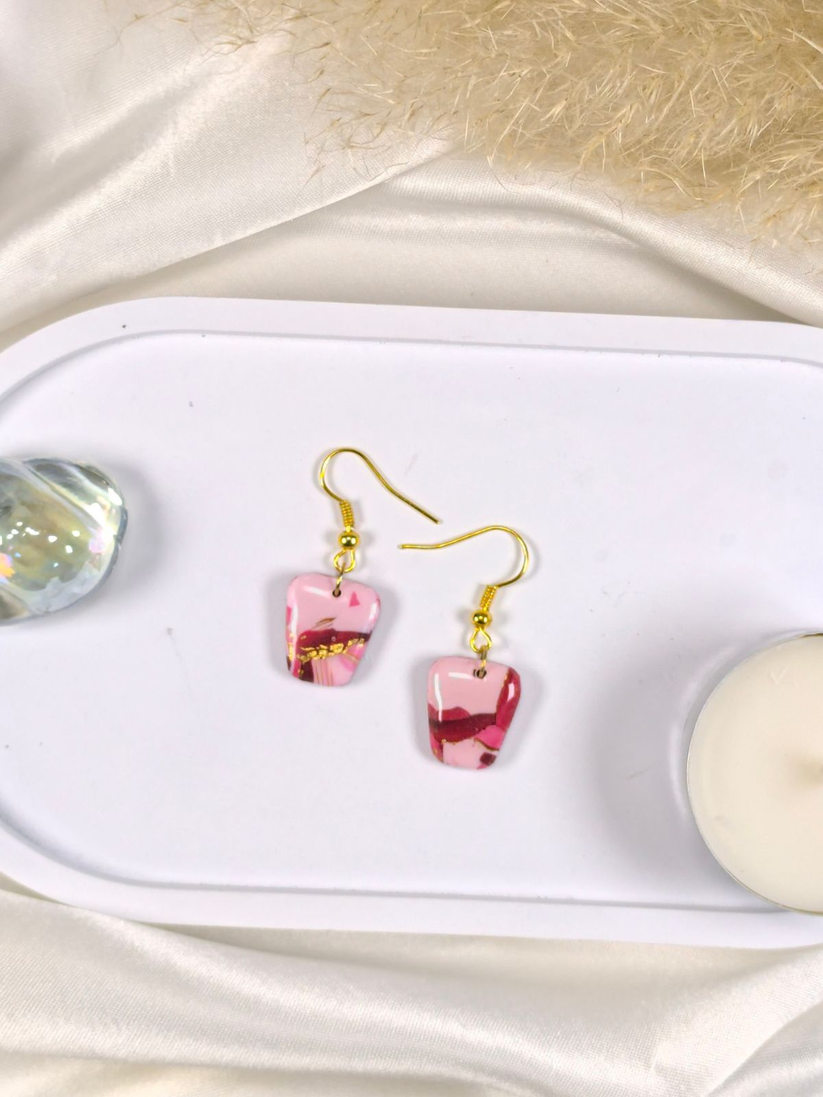 Short red pink and gold polymer clay earrings