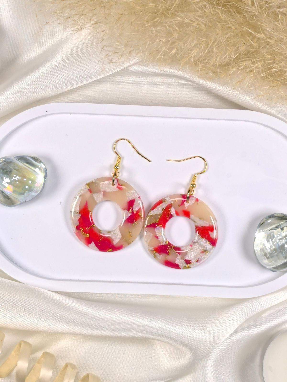 Red marble round statement earrings