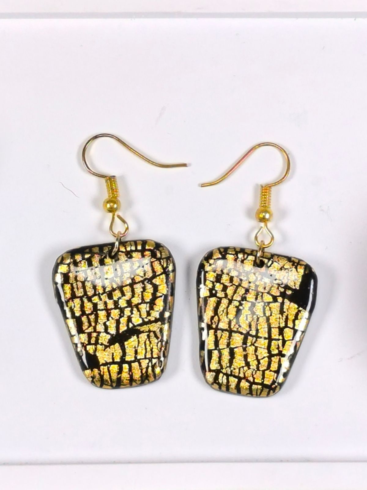 Black and gold polymer clay dangle trapezoidal earrings