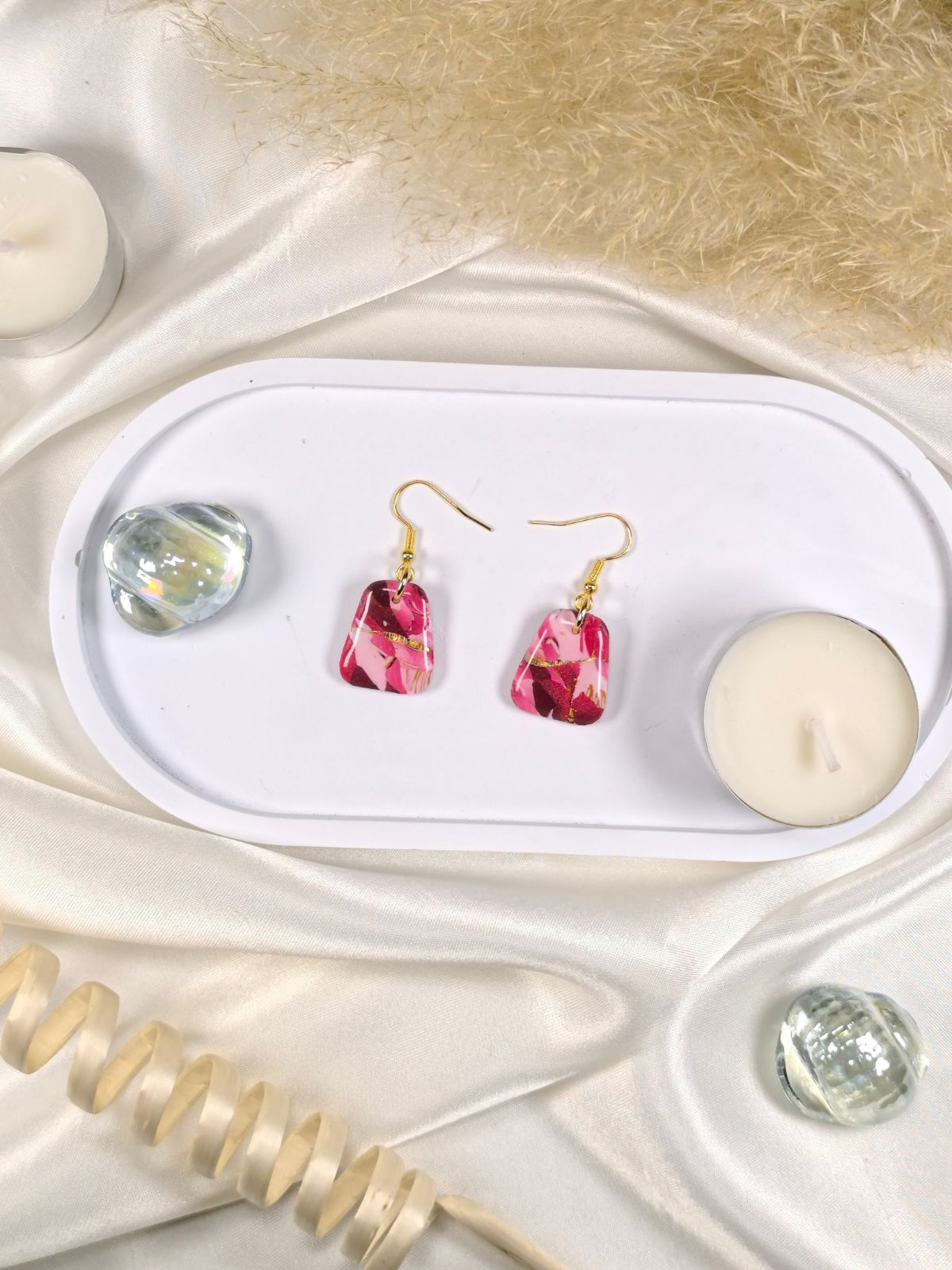 Medium red pink and gold polymer clay earrings