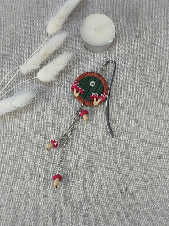 Whimsical Door Bookmark – Handmade Polymer Clay Bookmark with Mushroom Details